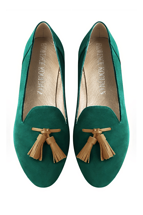 Emerald green and camel beige women's loafers with pompons. Round toe. Flat leather soles. Top view - Florence KOOIJMAN